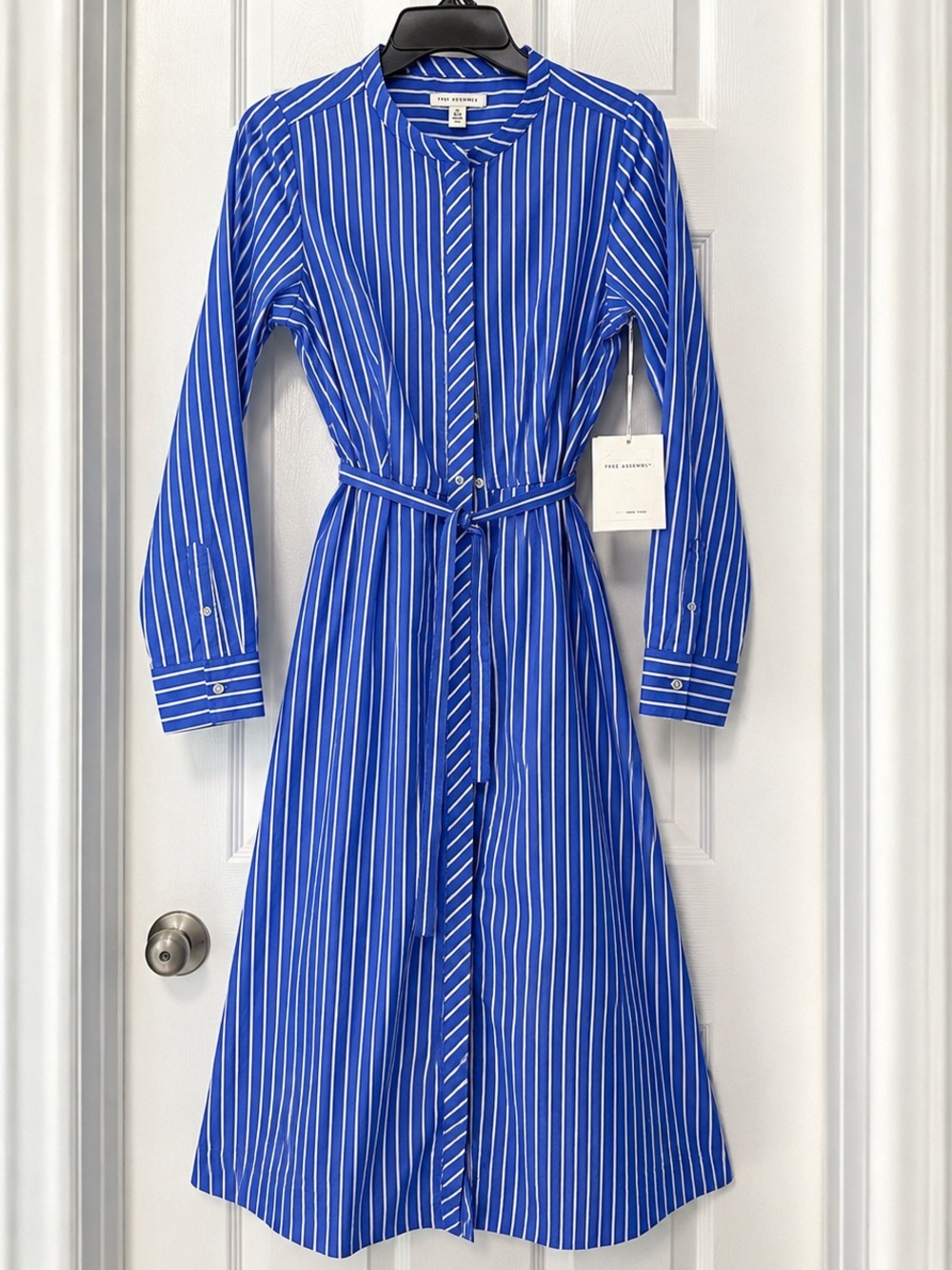 Free Assembly Blue & White Striped Midi Shirt Dress with Belt NWT XS